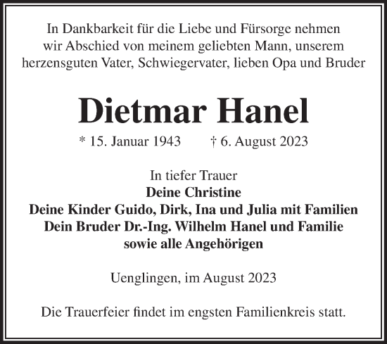 Traueranzeige von Dietmar Hanel von Volksstimme Altmark Ost