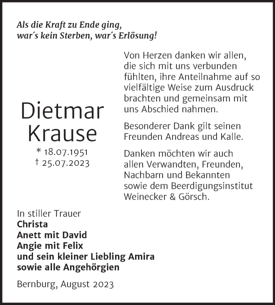 Traueranzeige von Dietmar Krause von Trauerkombi Bernburg