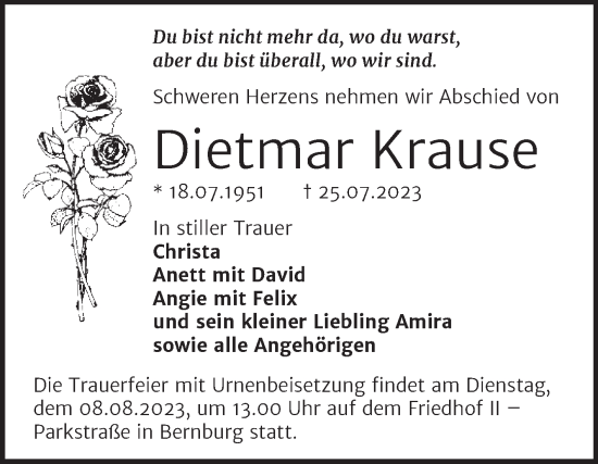 Traueranzeige von Dietmar Krause von Trauerkombi Bernburg