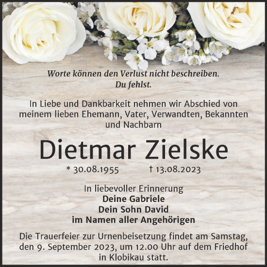 Traueranzeige von Dietmar Zielske von Trauerkombi Merseburg