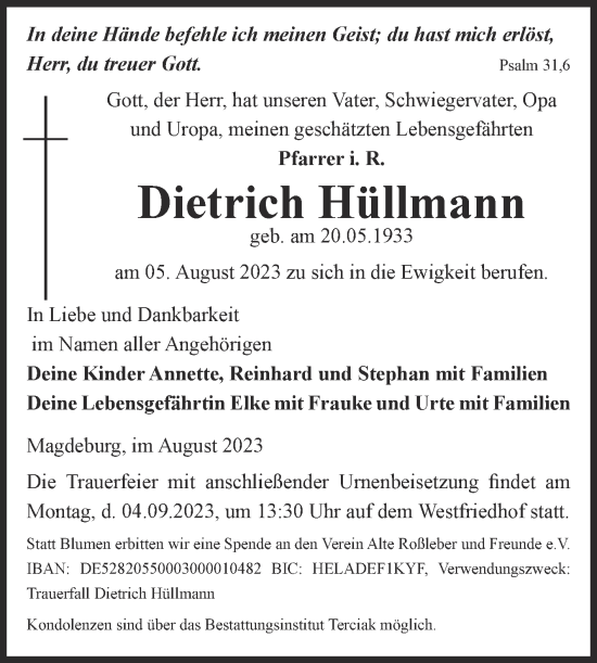 Traueranzeige von Dietrich Hüllmann von Volksstimme Magdeburg
