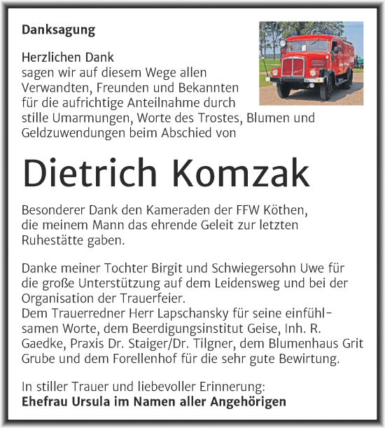 Traueranzeige von Dietrich Komzak von Trauerkombi Köthen