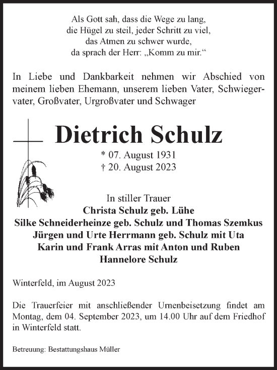 Traueranzeige von Dietrich Schulz von Volksstimme Altmark West