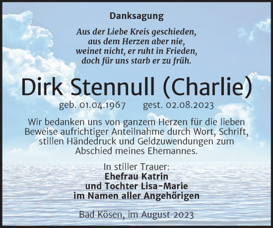 Traueranzeige von Dirk Stennull von Wochenspiegel Naumburg/Nebra