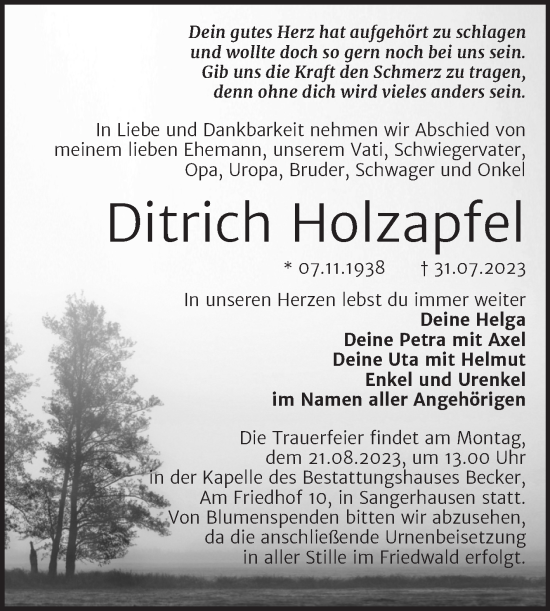 Traueranzeige von Ditrich Holzapfel von Trauerkombi Sangerhausen