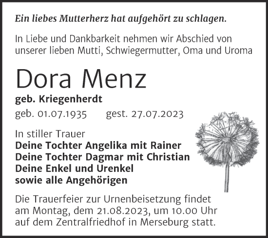 Traueranzeige von Dora Menz von Trauerkombi Merseburg