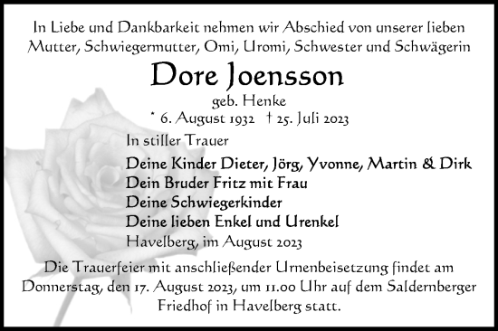 Traueranzeige von Dore Joensson von Volksstimme Altmark Ost