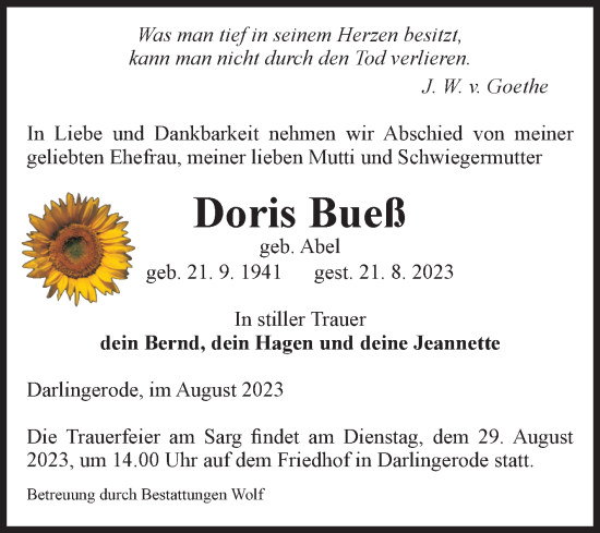 Traueranzeige von Doris Bueß von Volksstimme Wernigerode