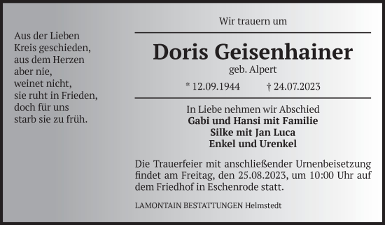 Traueranzeige von Doris Geisenhainer von Volksstimme Haldensleben/Wolmirstedt