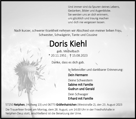 Traueranzeige von Doris Kiehl von Trauerkombi Wittenberg