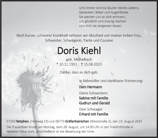 Traueranzeige von Doris Kiehl von Mitteldeutsche Zeitung Halle/Saalkreis
