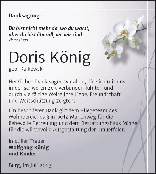 Traueranzeige von Doris König von Volksstimme Burg/Genthin