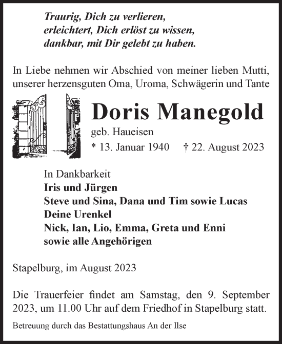 Traueranzeige von Doris Manegold von Volksstimme Wernigerode