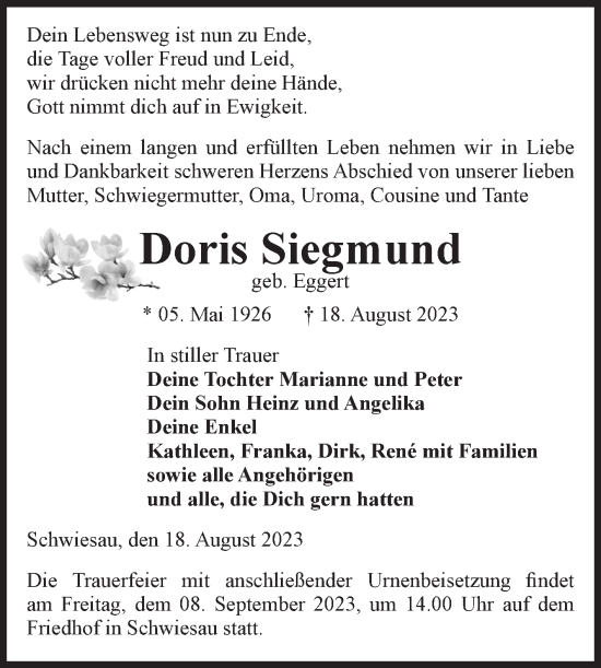 Traueranzeige von Doris Siegmund von Volksstimme Altmark West