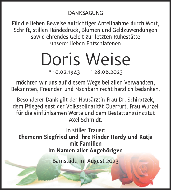 Traueranzeige von Doris Weise von Trauerkombi Merseburg