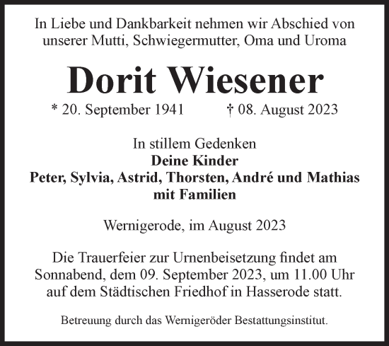 Traueranzeige von Dorit Wiesener von Volksstimme Wernigerode