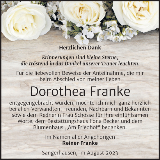 Traueranzeige von Dorothea Franke von Trauerkombi Sangerhausen