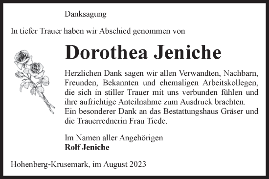 Traueranzeige von Dorothea Jeniche von Volksstimme Altmark Ost