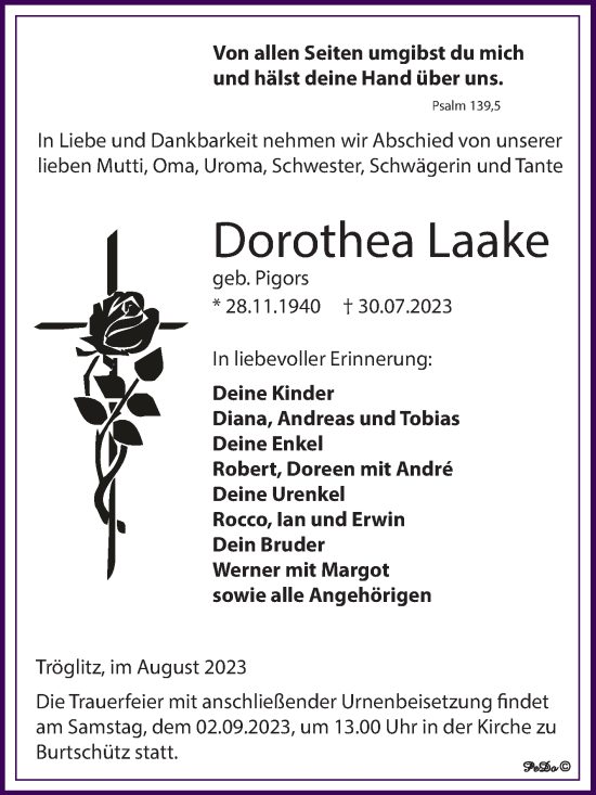 Traueranzeige von Dorothea Laake von Trauerkombi Zeitz