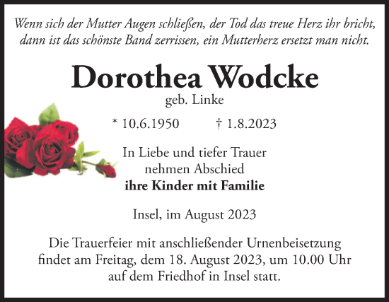 Traueranzeige von Dorothea Wodcke von Volksstimme Altmark Ost