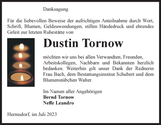 Traueranzeige von Dustin Tornow von Volksstimme Haldensleben/Wolmirstedt
