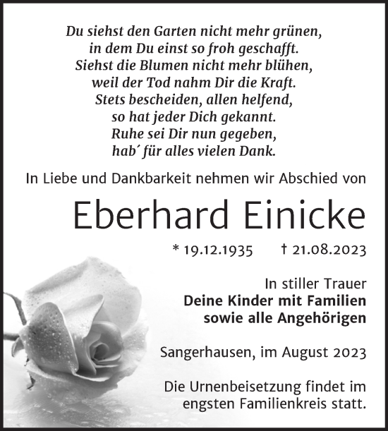Traueranzeige von Eberhard Einicke von Trauerkombi Sangerhausen