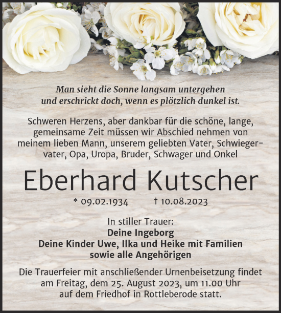 Traueranzeige von Eberhard Kutscher von Trauerkombi Sangerhausen