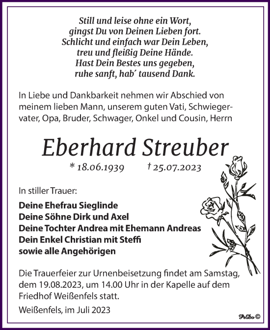 Traueranzeige von Eberhard Streuber von Trauerkombi Weißenfels