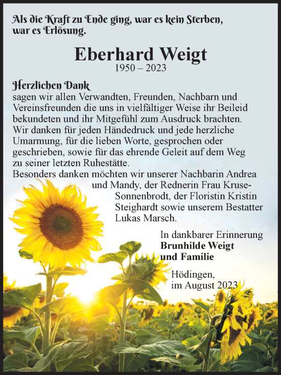 Traueranzeige von Eberhard Weigt von Volksstimme Haldensleben/Wolmirstedt