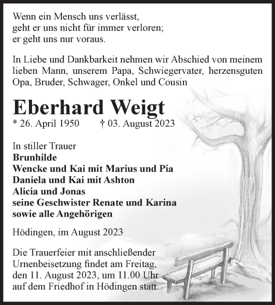 Traueranzeige von Eberhard Weigt von Volksstimme Haldensleben/Wolmirstedt