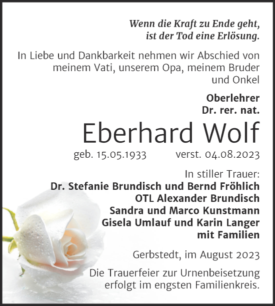 Traueranzeige von Eberhard Wolf von Wochenspiegel Mansfelder Land