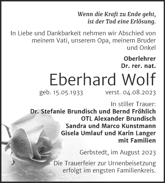 Traueranzeige von Eberhard Wolf von Trauerkombi Mansfelder Land