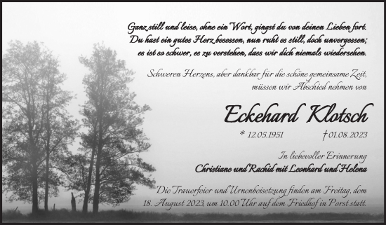 Traueranzeige von Eckehard Klotsch von Trauerkombi Köthen