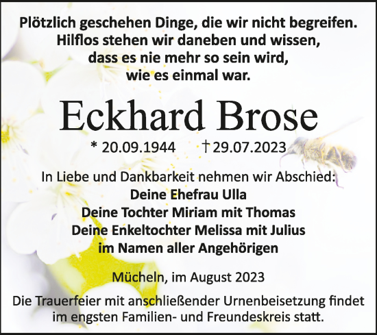 Traueranzeige von Eckhard Brose von Trauerkombi Merseburg