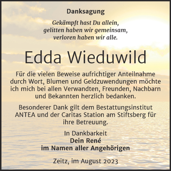 Traueranzeige von Edda Wieduwild von Trauerkombi Zeitz