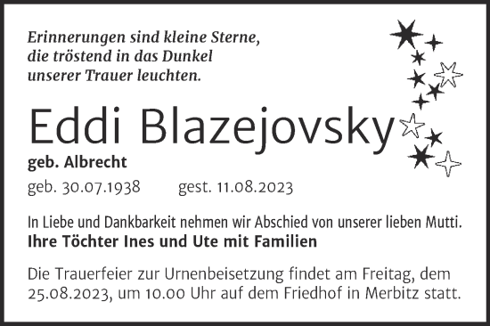Traueranzeige von Eddi Blazejovsky von Mitteldeutsche Zeitung Halle/Saalkreis