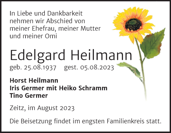 Traueranzeige von Edelgard Heilmann von Trauerkombi Zeitz