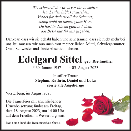 Traueranzeige von Edelgard Sittel von Volksstimme Oschersleben/Wanzleben