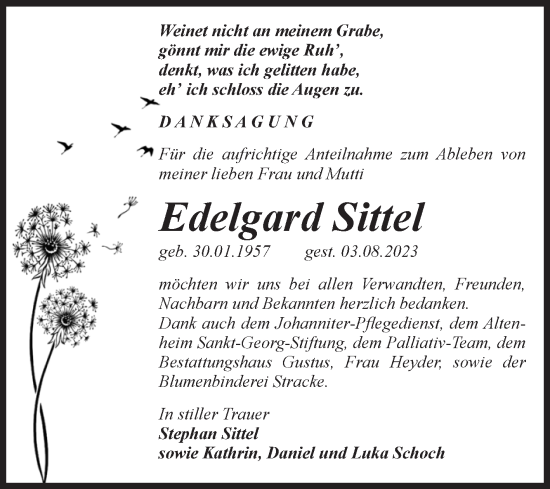 Traueranzeige von Edelgard Sittel von Volksstimme Oschersleben/Wanzleben