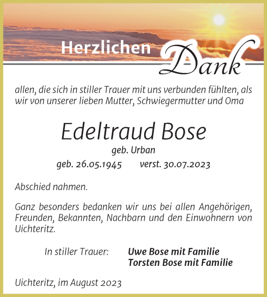 Traueranzeige von Edeltraud Bose von Trauerkombi Weißenfels