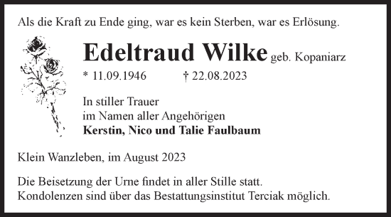 Traueranzeige von Edeltraud Wilke von Volksstimme Oschersleben/Wanzleben