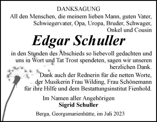 Traueranzeige von Edgar Schuller von Trauerkombi Sangerhausen