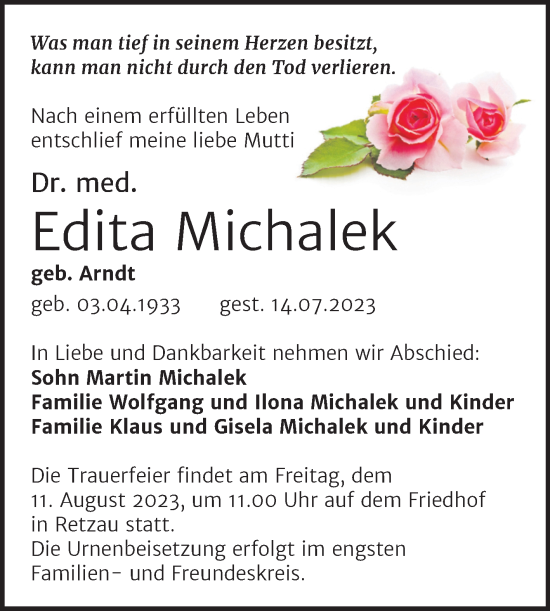 Traueranzeige von Edita Michalek von Trauerkombi Bitterfeld