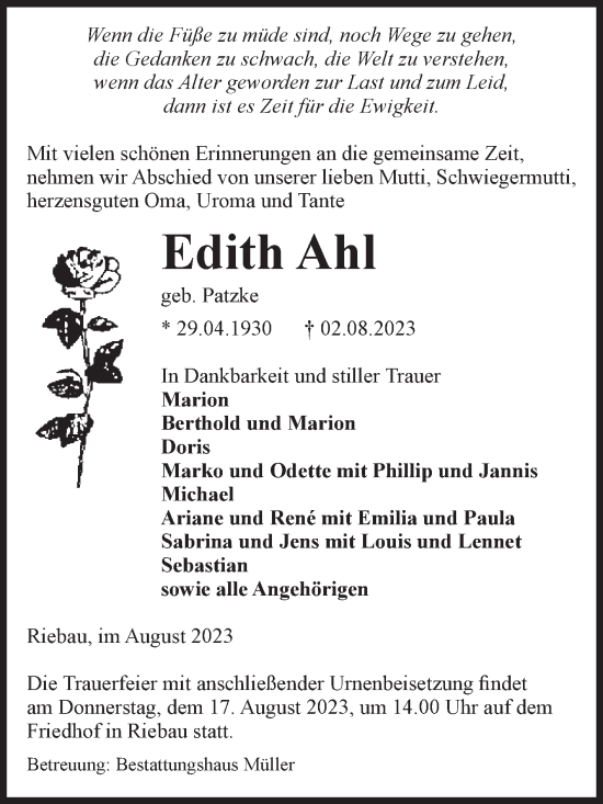 Traueranzeige von Edith Ahl von Volksstimme Altmark West