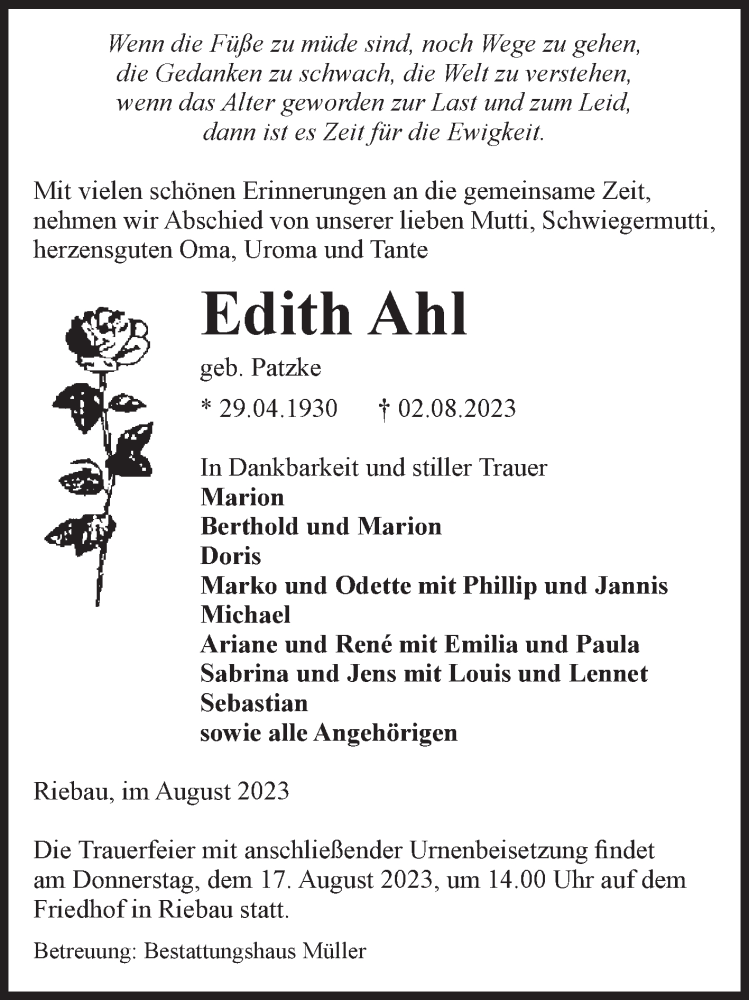  Traueranzeige für Edith Ahl vom 05.08.2023 aus Volksstimme Altmark West