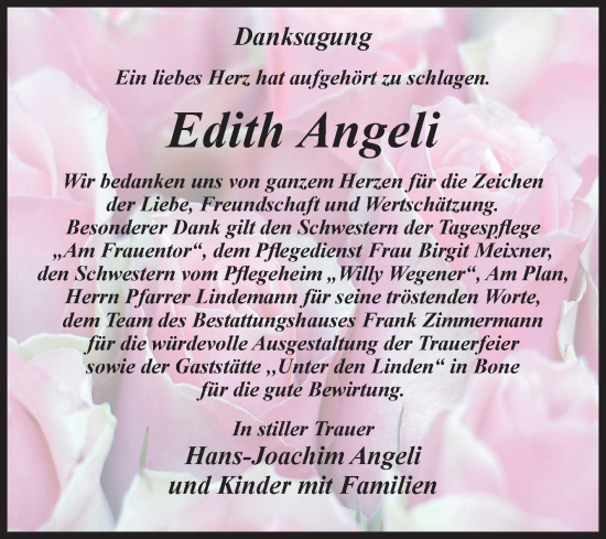 Traueranzeige von Edith Angeli von Volksstimme Zerbst