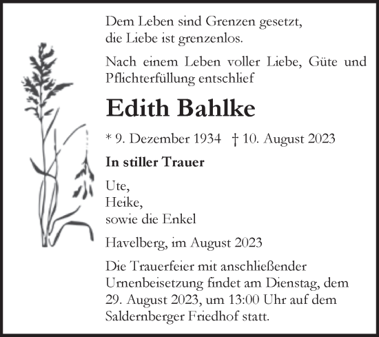 Traueranzeige von Edith Bahlke von Volksstimme Altmark Ost