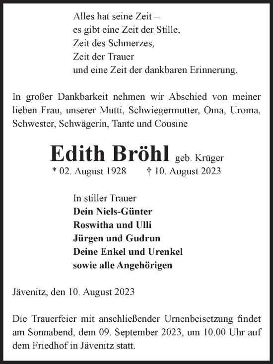 Traueranzeige von Edith Bröhl von Volksstimme Altmark West