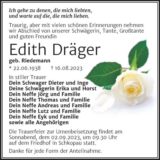 Traueranzeige von Edith Dräger von Trauerkombi Merseburg