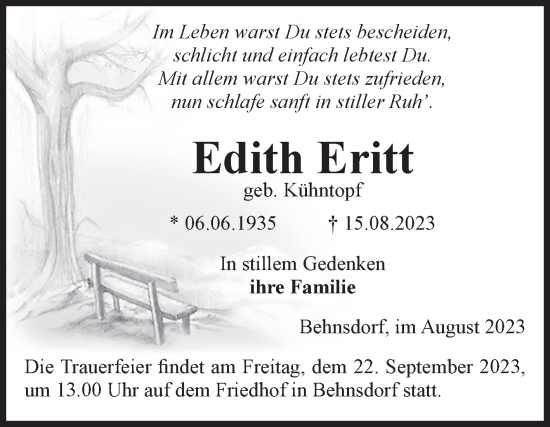 Traueranzeige von Edith Eritt von Volksstimme Haldensleben/Wolmirstedt